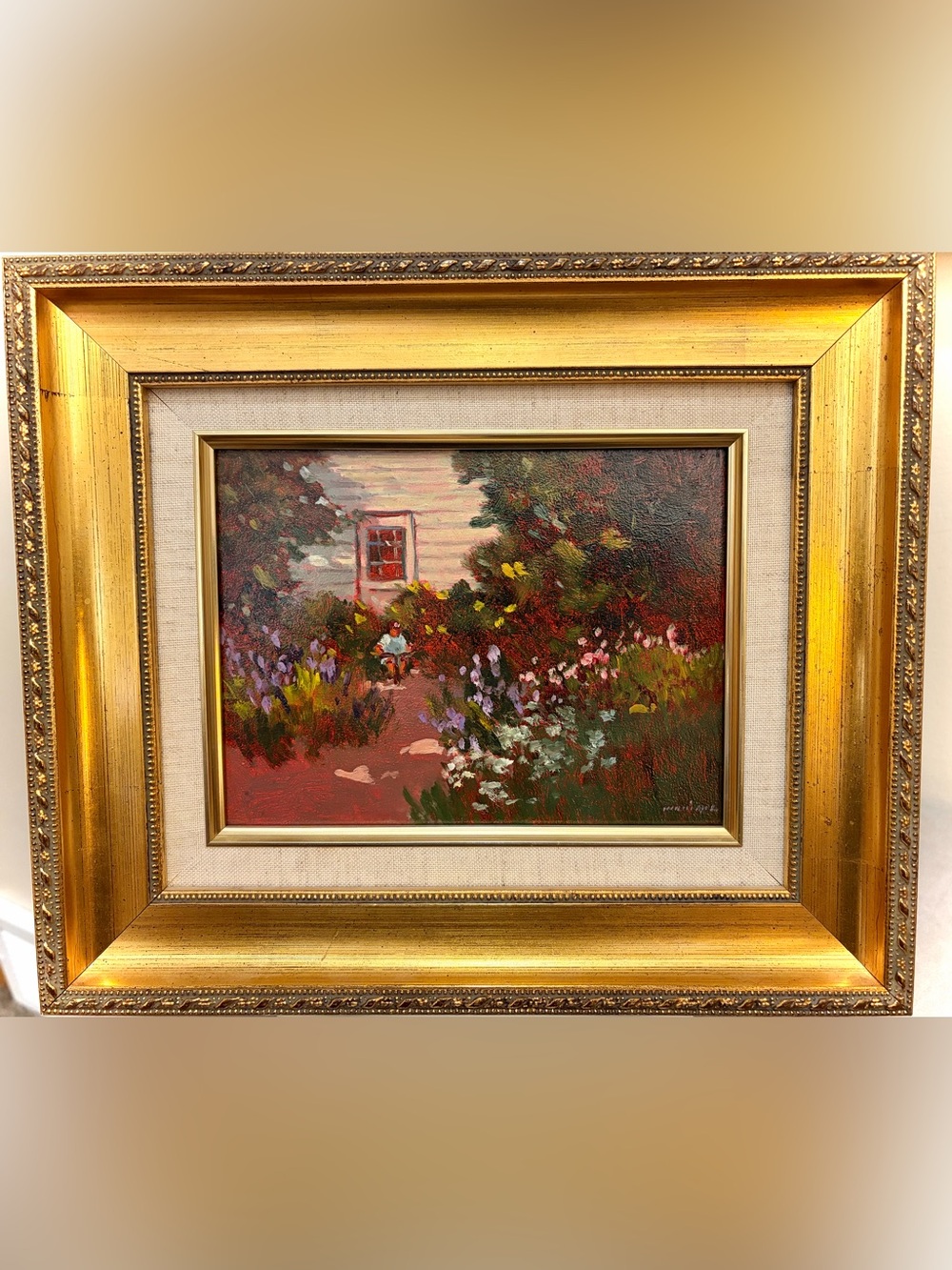 Monique Sakellarios Oil Painting "Playin’ Out Back" Signed & Framed 11.75 X 10